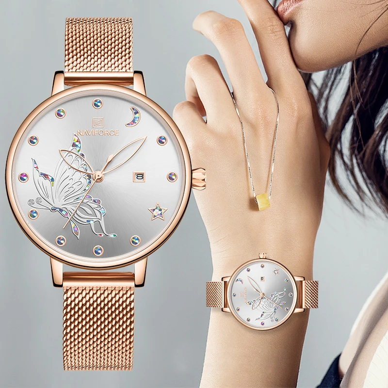 

NAVIFORCE Watches Women Elegant with Colorful Butterfly Pattern Quartz Stainless Steel Waterproof Fashion Watch Relogio Feminino