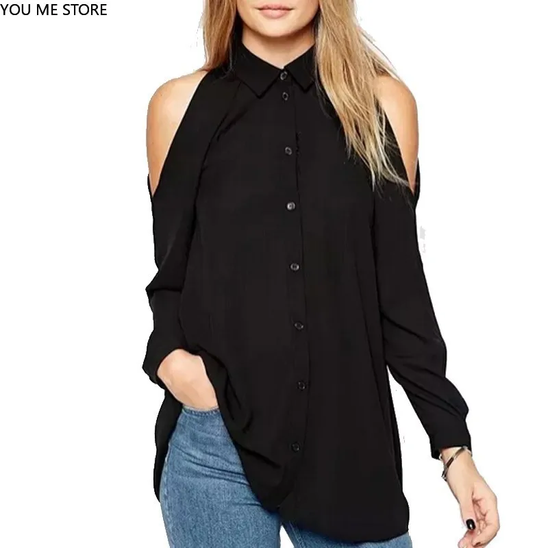 New Women Solid Chiffon Blouse Autumn Sexy Off Shoulder Lapel Long Sleeve Shirt Loose Tops Plus Size