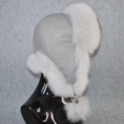 natural fox white 1 Брендовая женская шапка из натурального меха лисы, зимняя шапка-ушанка, шапка-бомбер, шапка для русской снежной погоды, Толстая теплая меховая шапка из натуральной кожи - Цвет: natural fox white 1