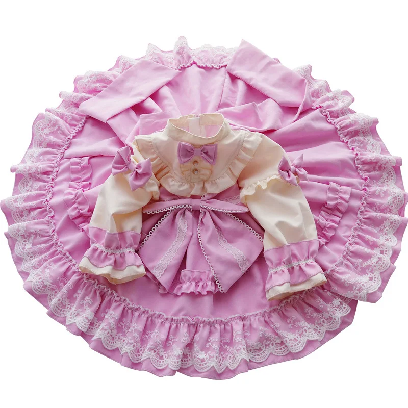 

Lolita Girls Dress 2021 New Fashion Stitching Lace Long-sleeved Spanish Style Palace Princess Dress Pink Bow Western Cake Dress