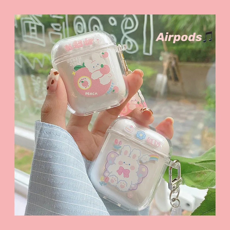 

1Pcs Earphone Protective Case Rabbit Transparent Soft Silicone With Keychain For AirPods 1 2 AirPods Pro 3 Earphone Accessories