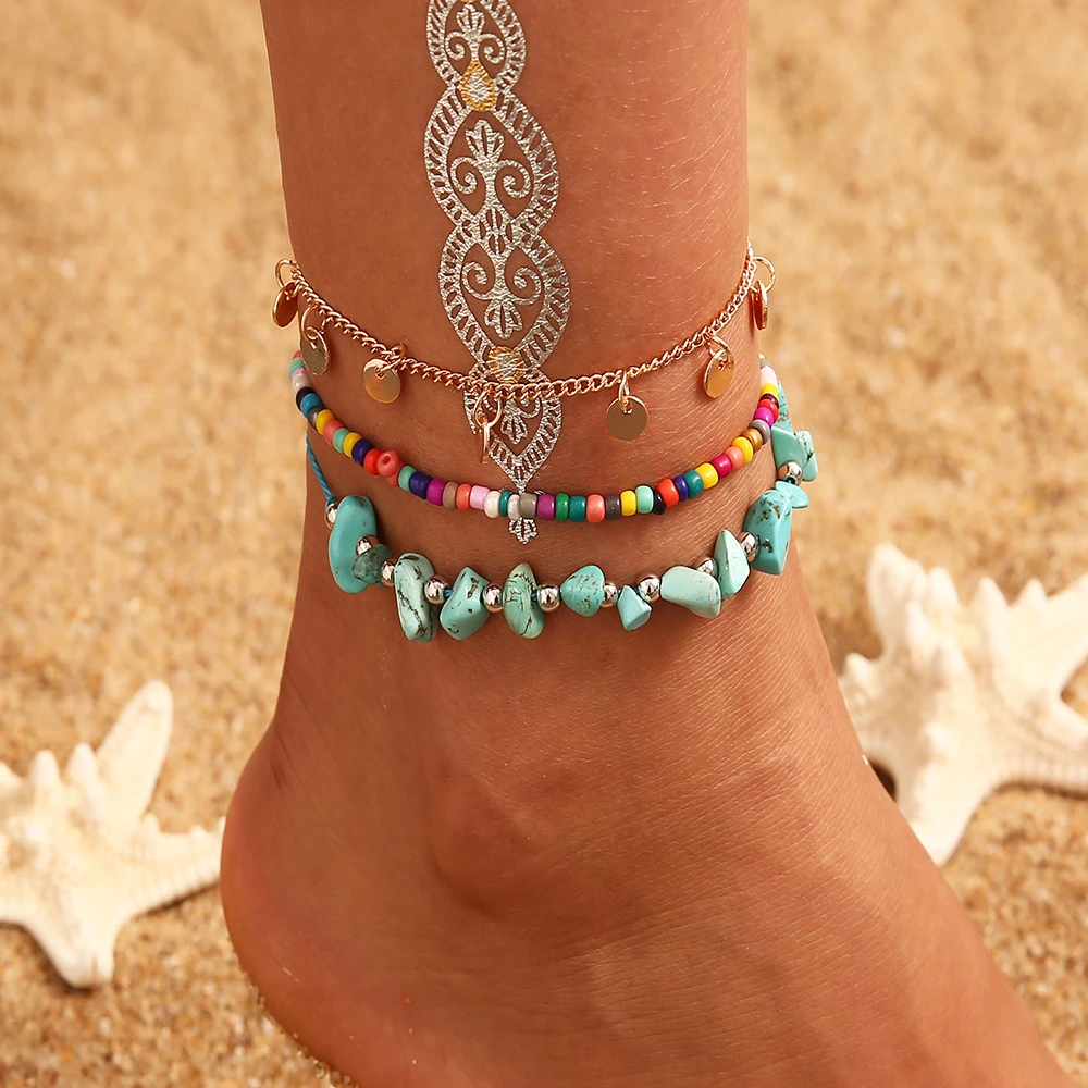 

Bohemian Beads Anklets for Women Handmade Leather Woven Foot Jewelry Summer Beach Barefoot Bracelet ankle on Leg