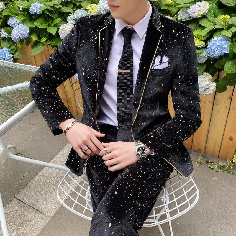 

2021 Men's Autumn Men's Printed Suit Youth Personality Polka Dot Slim Suit MC Host Suit Two Pieces