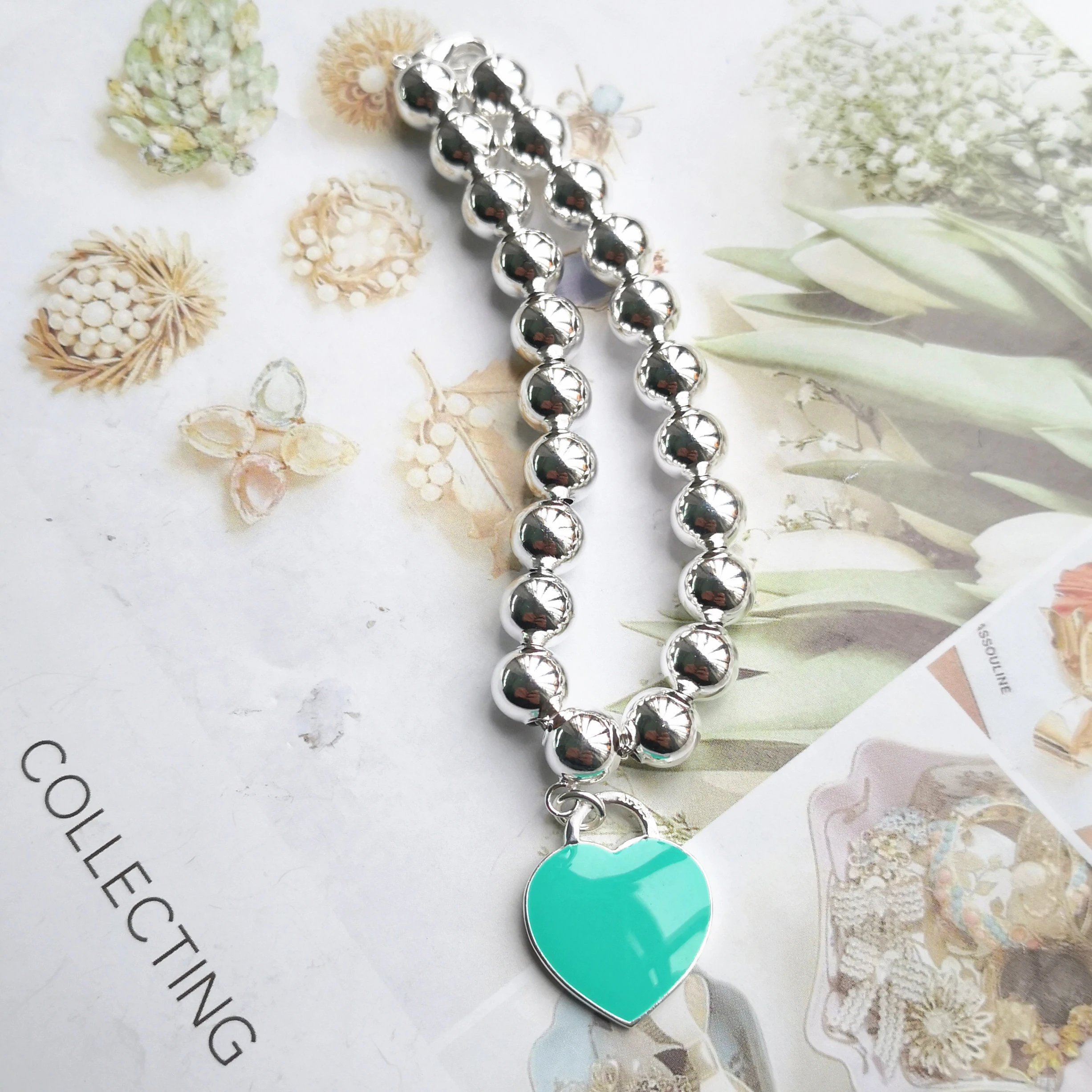 

1: 1 sterling silver 925 classic ladies blue enamel heart-shaped 8mm ball bead bracelet jewelry holiday gift