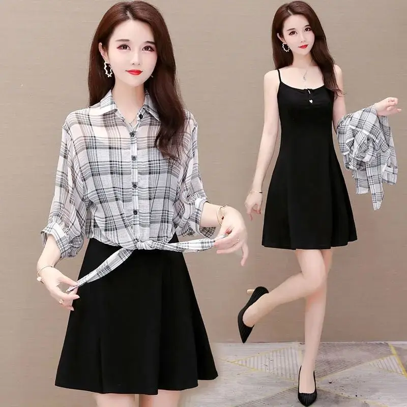 2021 Летняя женская обувь с коротким рукавом рубашка в клетку + черные комплекты