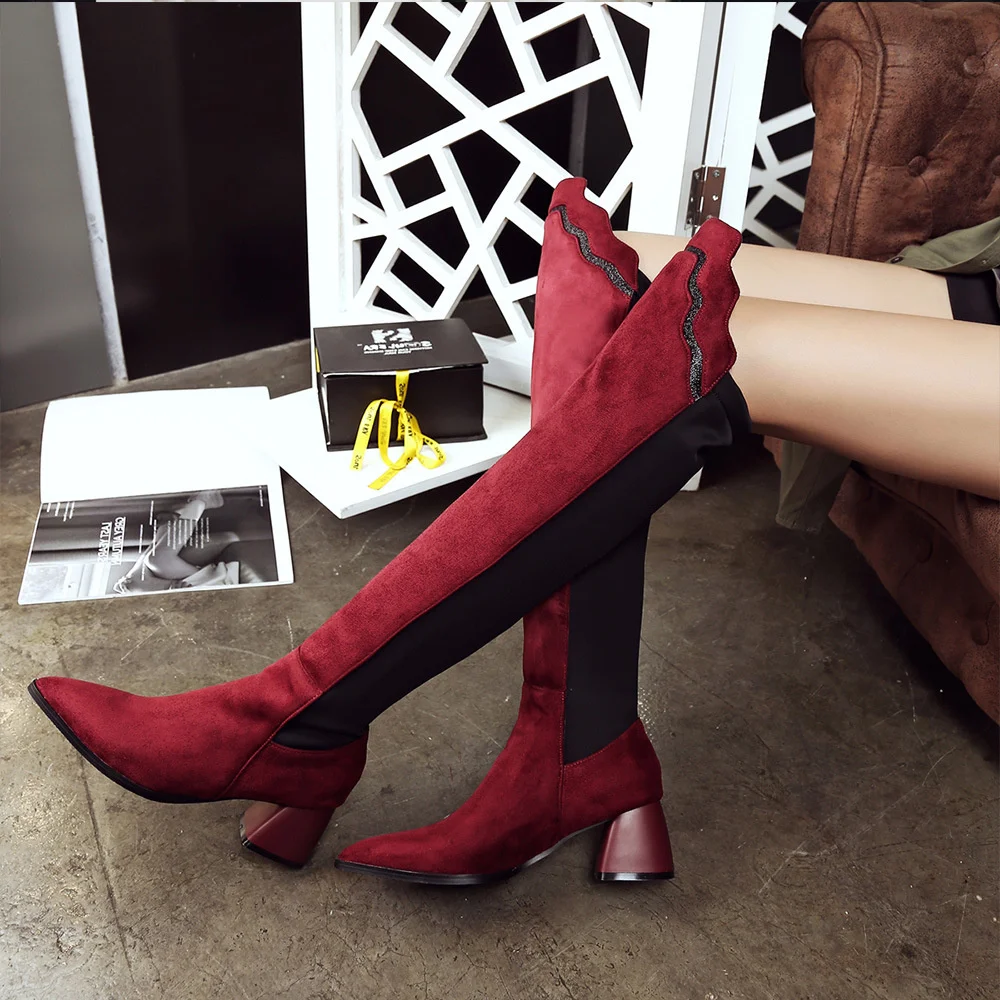 

Winter Ladies Fashion Suede High Boots Female Over The Knee Pattern Boots Women Sexy Red Color Matching Dress Party Martin Boots
