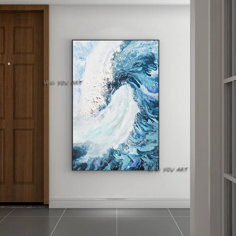 

Modern Blue Waves 100% Handmade Oil Abstract Painting Wall Art On Canvas For Living Room Office Decorations