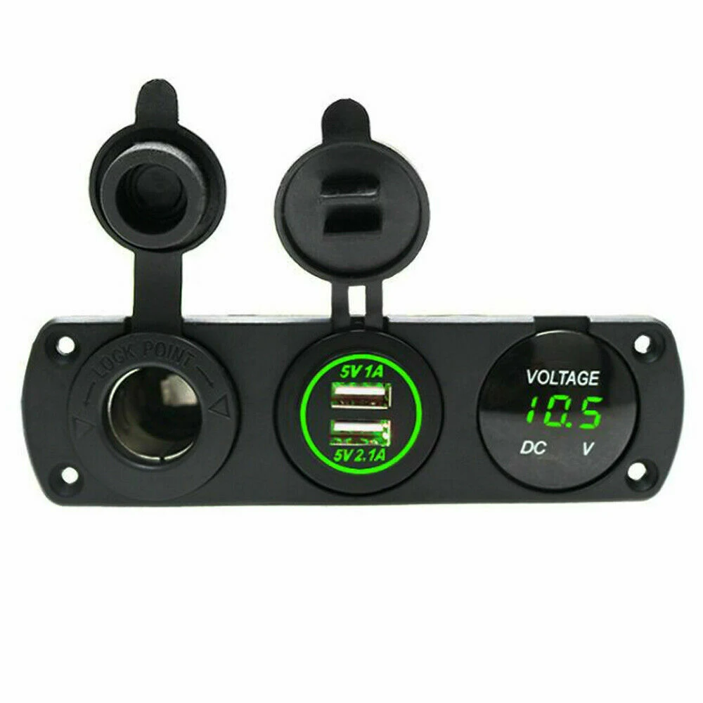 

DC 12V-24V Car Cigarette Lighter Socket + Dual USB Charger + Green LED Voltmeter With Screws Insulated Terminals