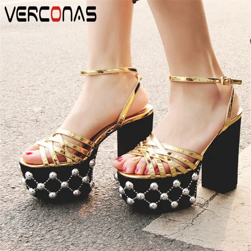 

VERCONAS 2021 Sexy Party Pumps Summer Woman Pumps Woman Sandals Brand Design String Bead Round Toe Square High Heels Shoes Woman