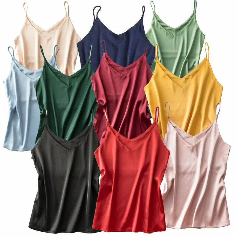 

Майка женская атласная шелковая без рукавов, пикантная свободная Базовая кофта с V-образным вырезом, на бретелях-спагетти, на лето