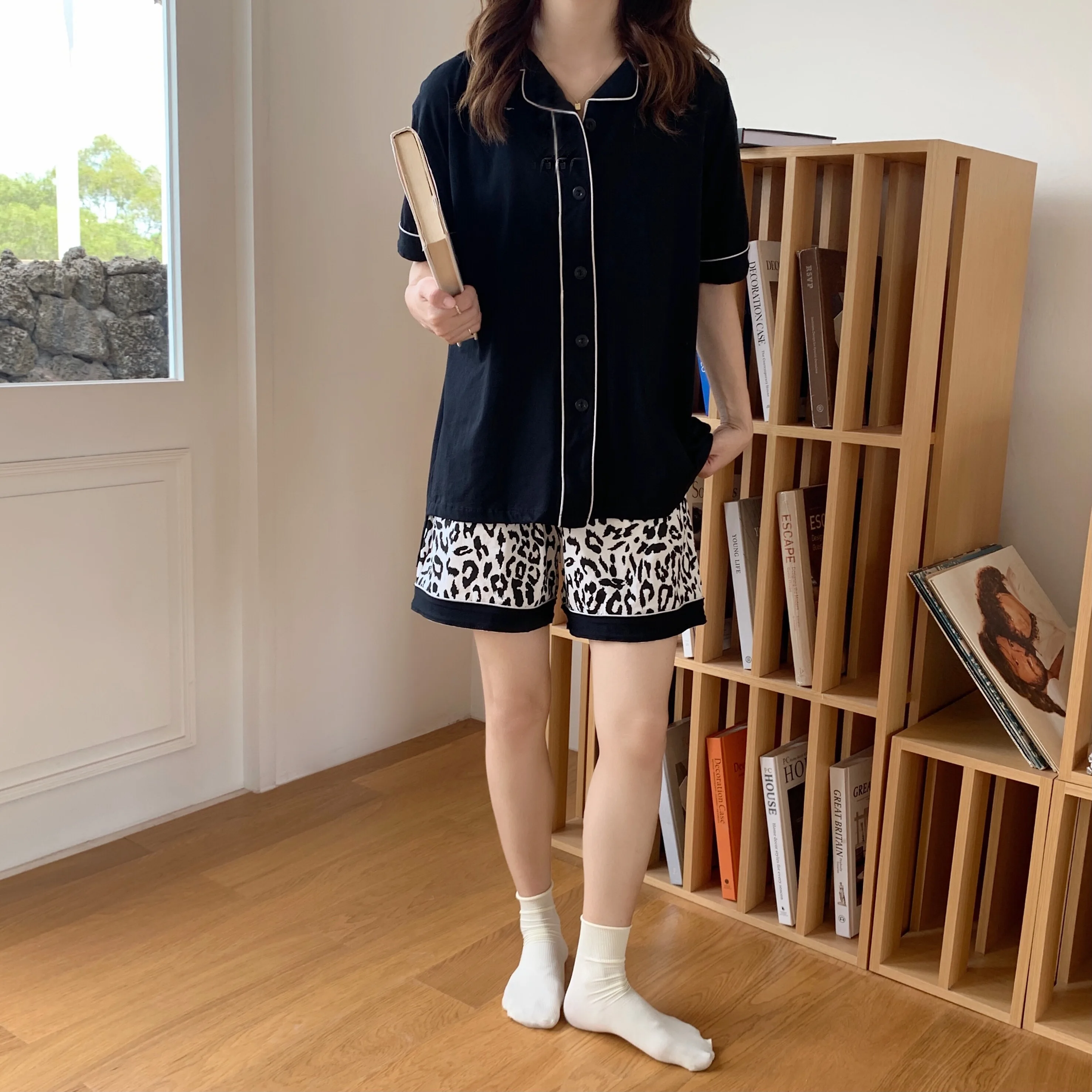 

Leopard Pattern Pajamas Women's Summer New Pure Cotton Front Short Back Long Loose Cardigan Home Clothes