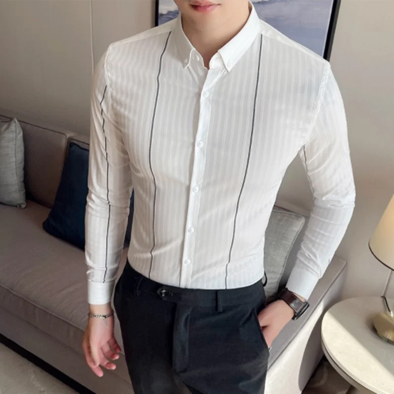 Рубашка мужская с длинными рукавами брендовая сорочка из хлопка и льна в полоску