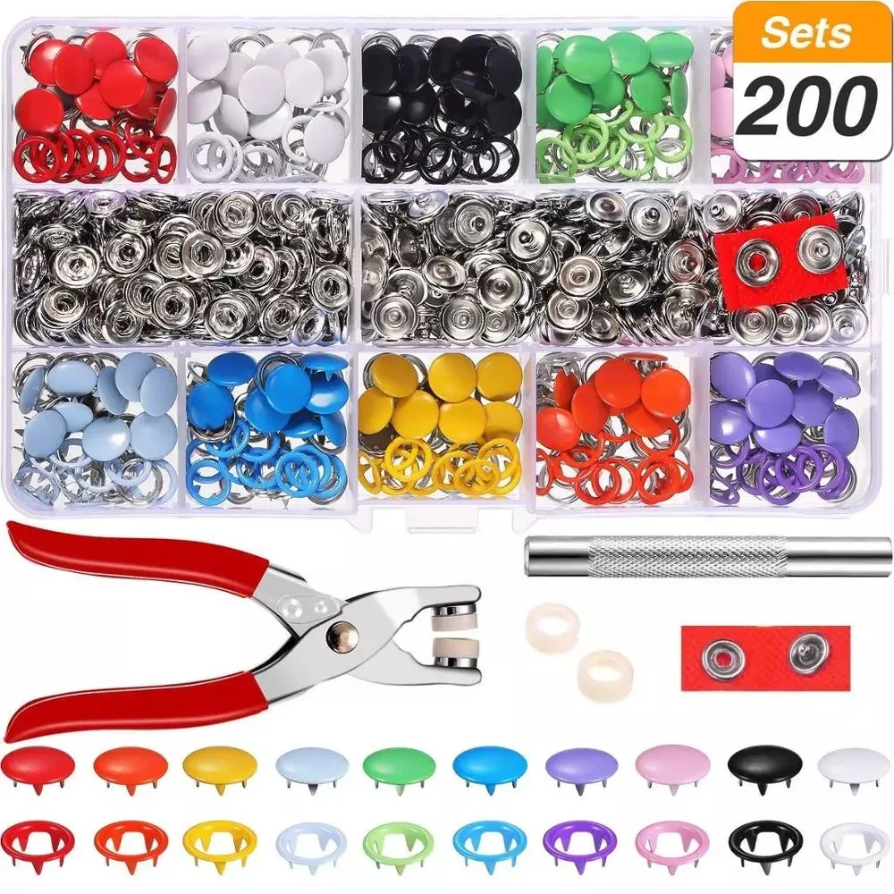 

Snap Fasteners Tool Kit Hollow and Solid Metal Prong Snaps Buttons Clothing Leather Crafting Sewing, (200 Sets,10 Colors,9,5mm)