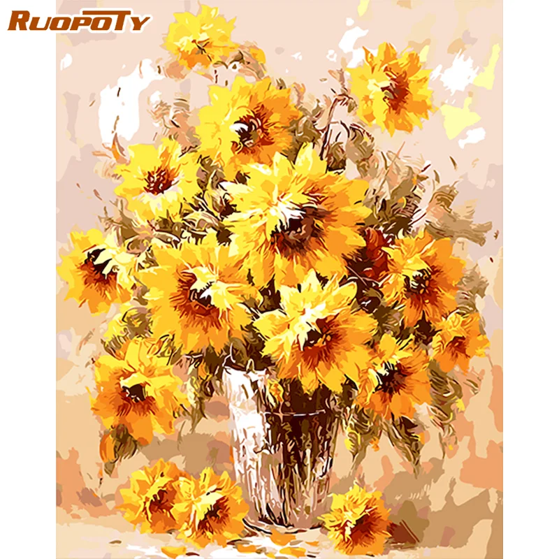 

RUOPOTY Unframe DIY Oil Painting By Numbers Flowers Handpainted Gift Acrylic Paint Coloring By Numbers Chrysanthemum Room Decor