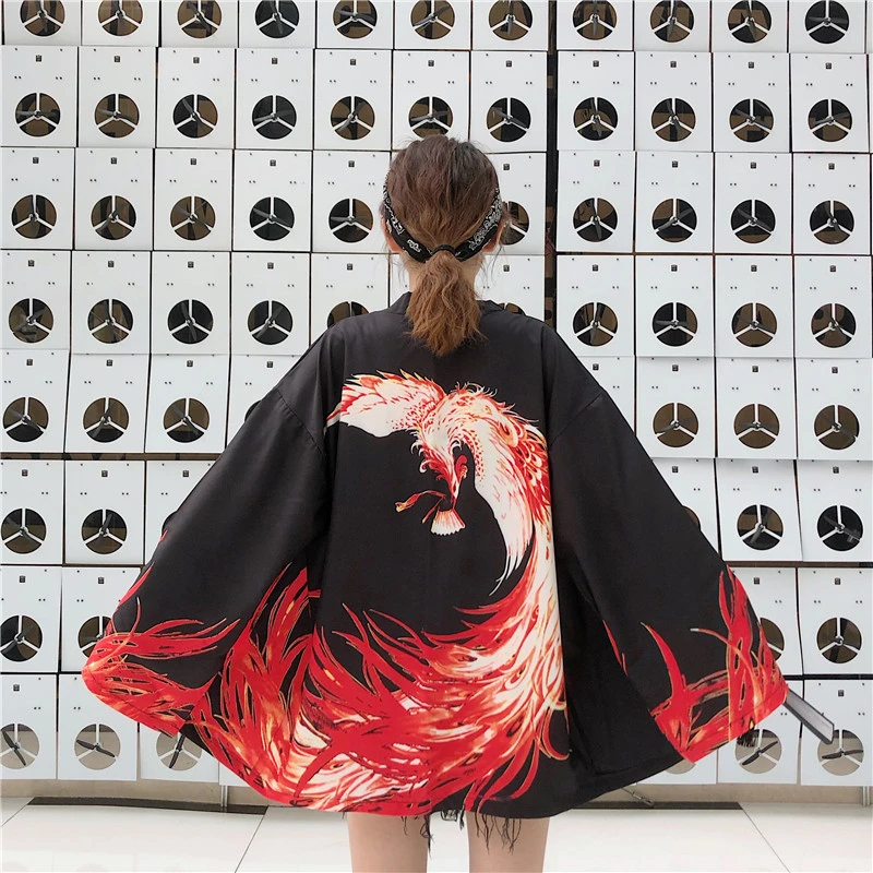Yukata женское японское кимоно кардиган с принтом дракона длинным рукавом рубашка