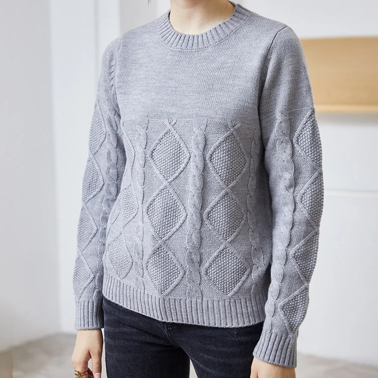 

Women's knitted round neck sweater 2020 autumn and winter new style lazy style pullover pure color thick warmth sweater women