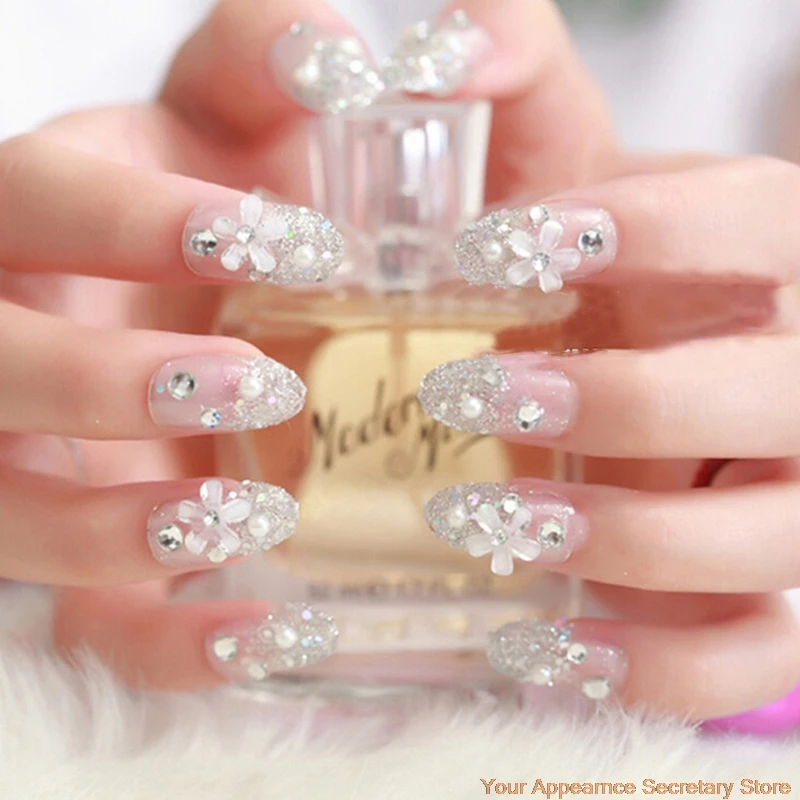 

New 24pcs/set Bride Artificial 3D False Nails, Wedding French Diamond Finger Fake Nail Tips