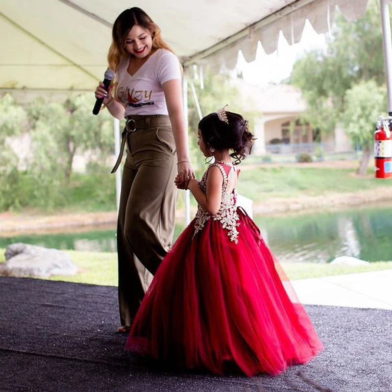 

Flower Girl Dresses Wine Birthday Party Dress Flores Vestidos Nina De Festa Beaded Kids Ball Gown Little Girls Pageant Dress
