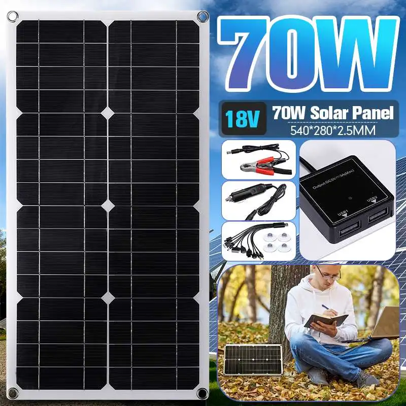 

Solar Panel Kit Complete 70W 18V Portable Solar Power Generator System Dual USB Power Bank Phone Battery Charger DC USB Output