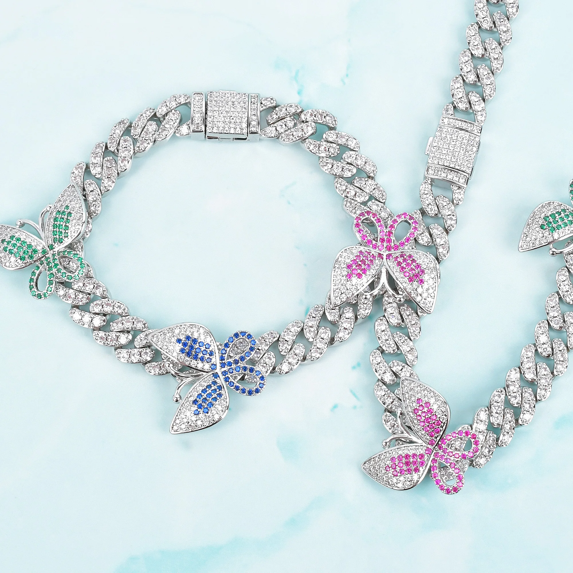 

Butterfly Necklace With Zircon Cuban Bracelet 10mm Hip Hop Colorful Chain Set Jewelry
