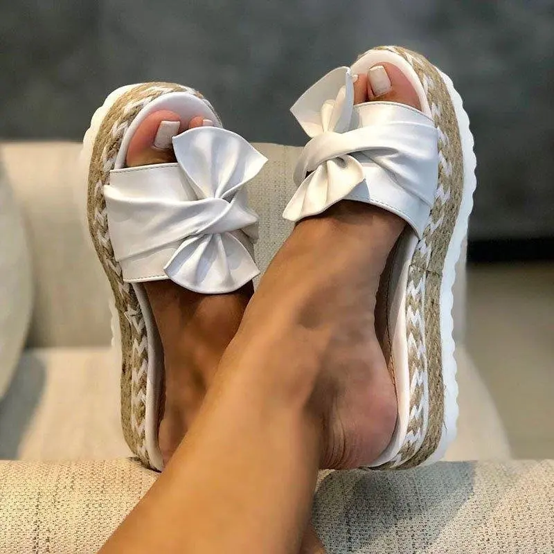 

2021 summer new style bowknot women's slippers, thick-soled wedges with twine, plus size women's sandals