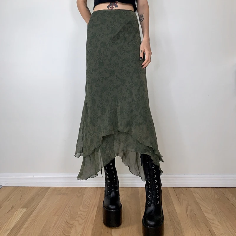 

Asymmetrical Green Floral Long Skirts Women Y2k Fairy Grunge Gothic High Waist Chiffon Mid-Calf Skirts Vintage Harajuku Clothes