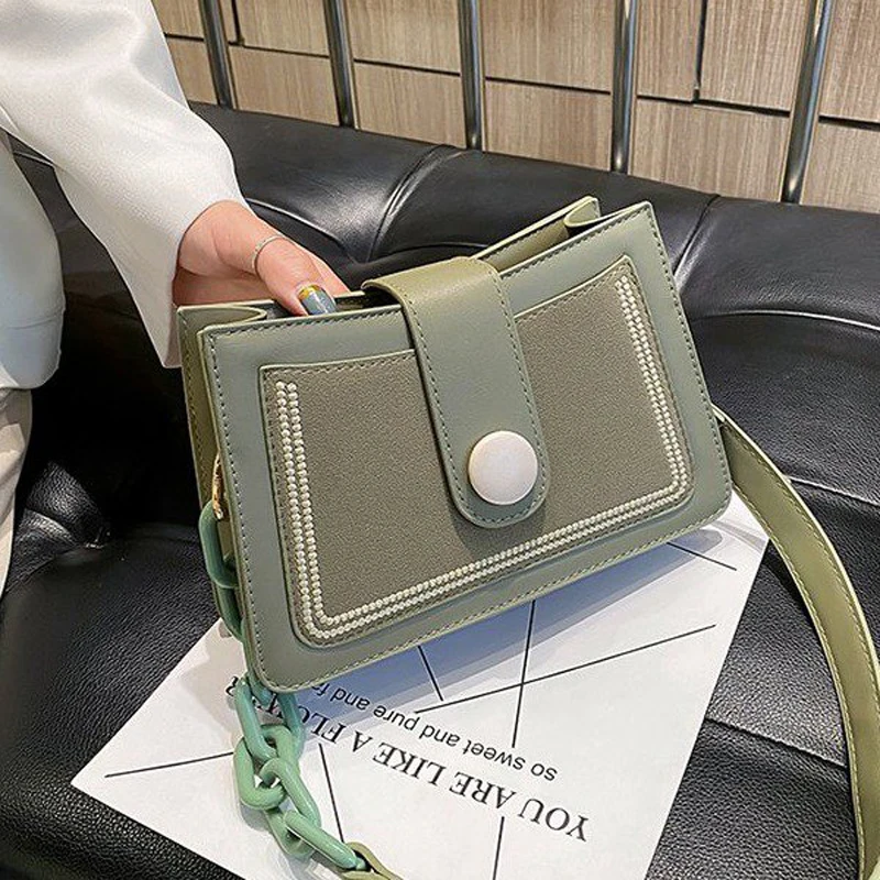

Chain Splice Shoulder Bag Lady Small Contrast Color Pu Leather Crossbody Bag for Women Designer Elegant Travel Handbag and Purse