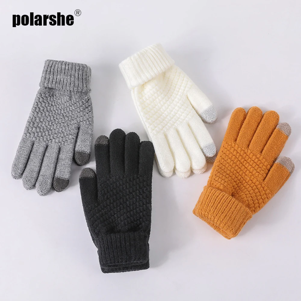 Зимние женские перчатки теплые мужские Новые однотонные плотные вязаные