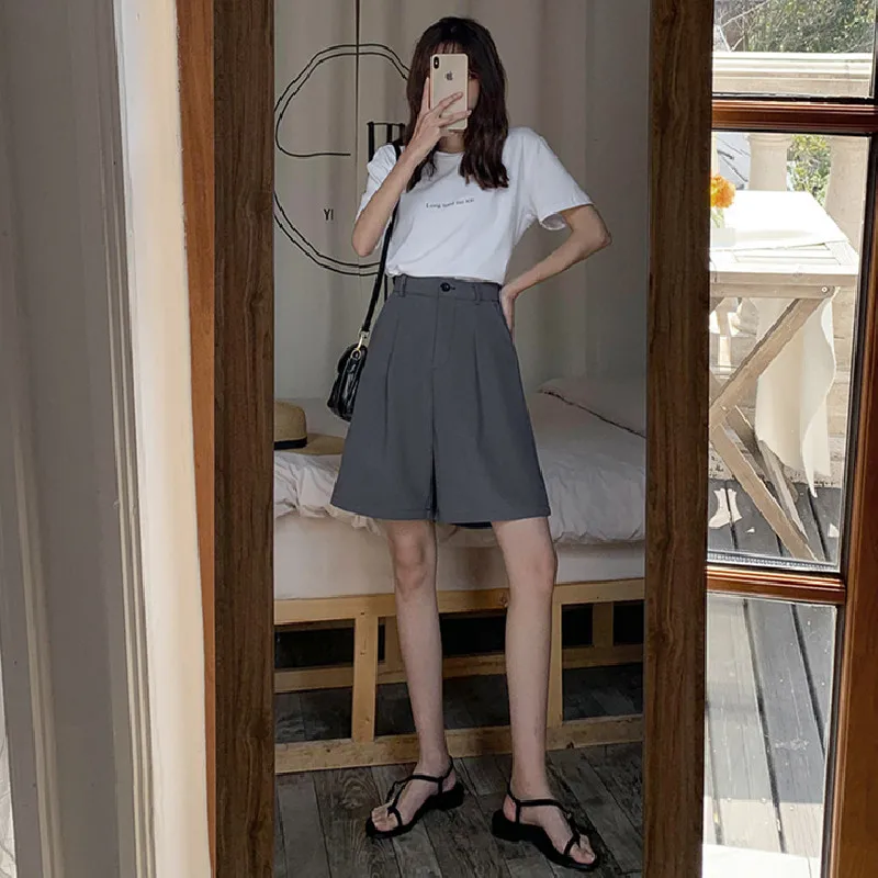 Women Knee Length Shorts Summer Casual High Waist A-line Shorts Loose Wide Leg Chiffon Shorts Chic Lady Black Gray Suit Shorts