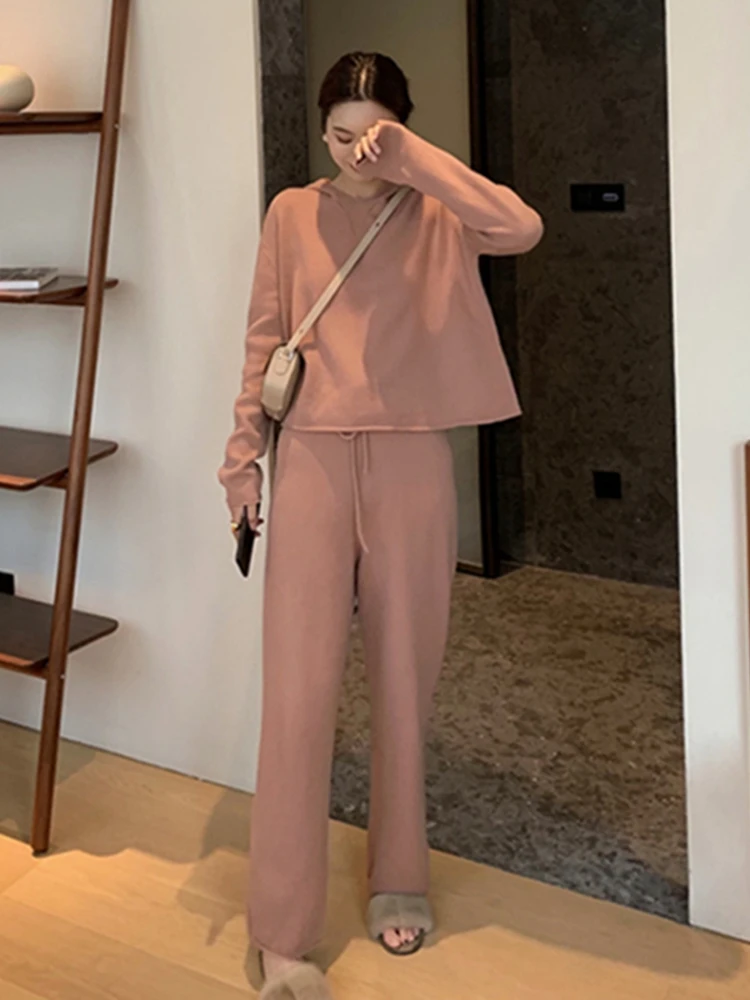 

Knitted 2 Pieces Set Tracksuits Women Autumn Winter Hooded Sweater+Wide Leg Ankle-Length Pants Warm Cashmere Suit
