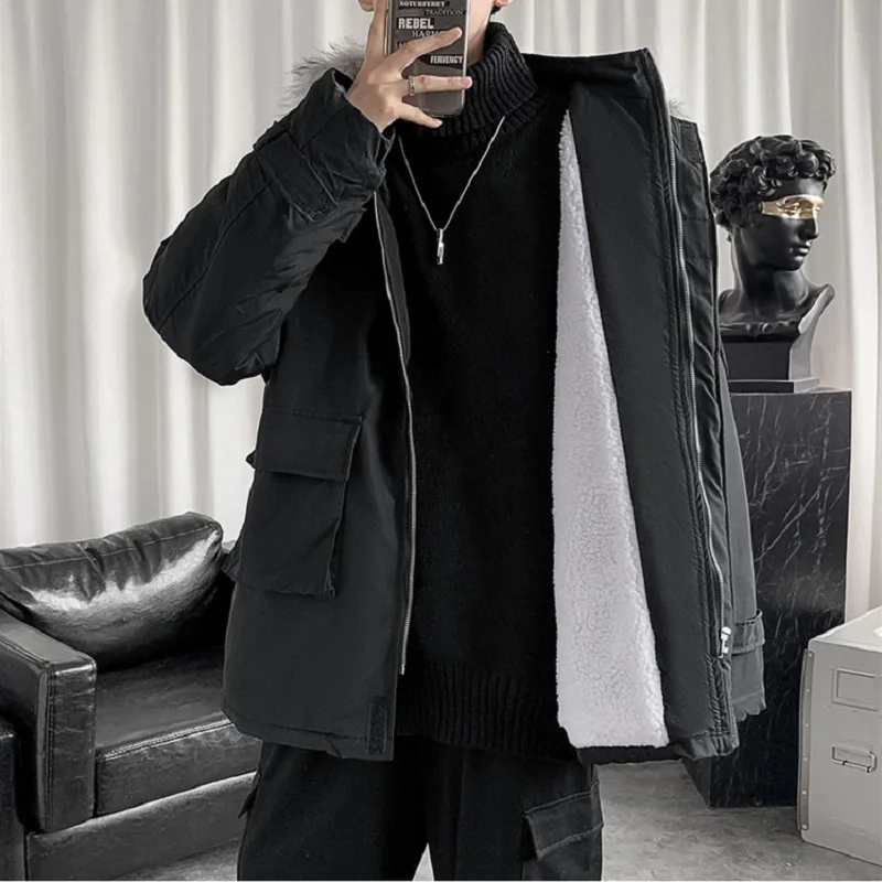 Winter Coat Men's Fashion Multi-pocket Tooling Bread Suit Hong Kong Style Loose Trend Big Fur Collar Warm Jacket Men Clothing