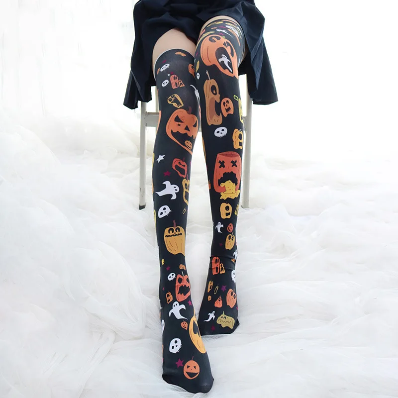 Sexy Kawaii Lolita Halloween Over Knee Socks Anime Thigh High Cow Cosplay Lingerie for Young Women Girls Cute Socks Pumpkin Hot