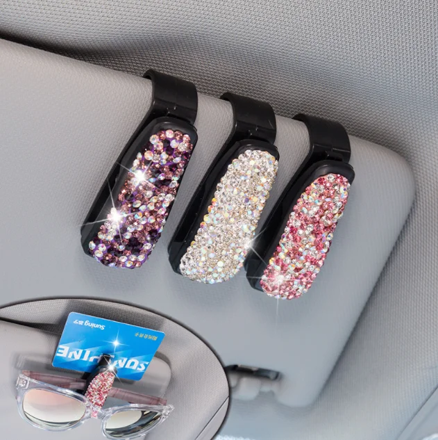 

Glasses Holders for Car Sun Visor Bling Crystal Rhinestones Fashion Car Eyeglasses Sunglasses Hanger Mount with Ticket Card Clip