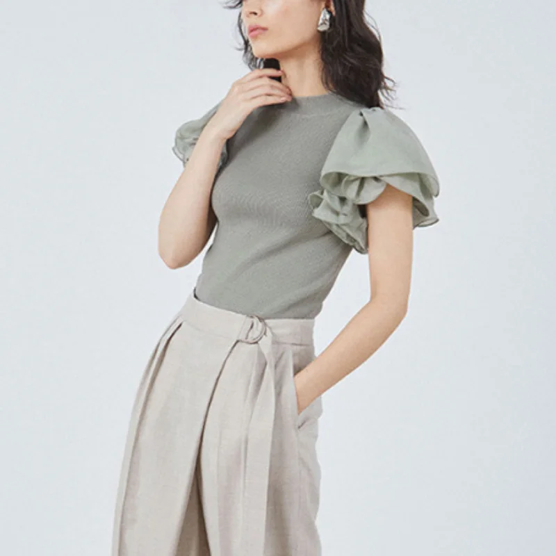 

Japanese Women Tops Temperament Sweet Elegant Sweaters Multi-layer Wood Ear Butterfly Sleeves Women Pullovers Slim Fit Knitted