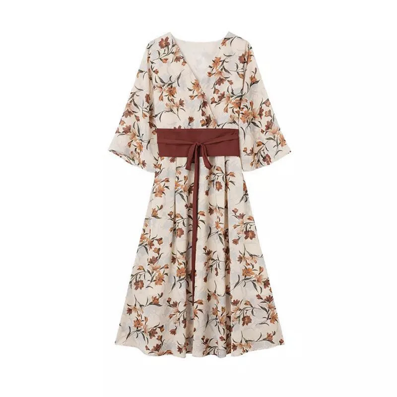

2020 New Summer Elegant High Waist Korean Three Quarter Sleeve Vintage Floral Print Retro Long Dress Women Fashion Clothing