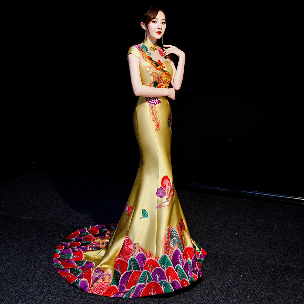 

Sleeveless Satin Sexy Catwalk Fishtail Vintage Evening-dress Banquet Host Elegant Noble Prom-dress Chinese Traditional Style