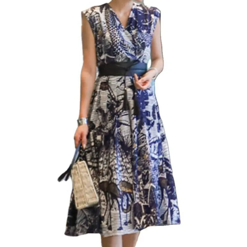 

kywommnz Women Dress Summer 2021 Korean V-neck Sexy Long Skirt Retro Fashion Belt Draw Back Printing Dresses Over The Knee E744