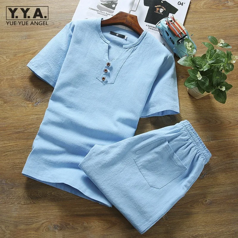 Комплект мужской из хлопка и льна тонкая футболка с коротким рукавом модный