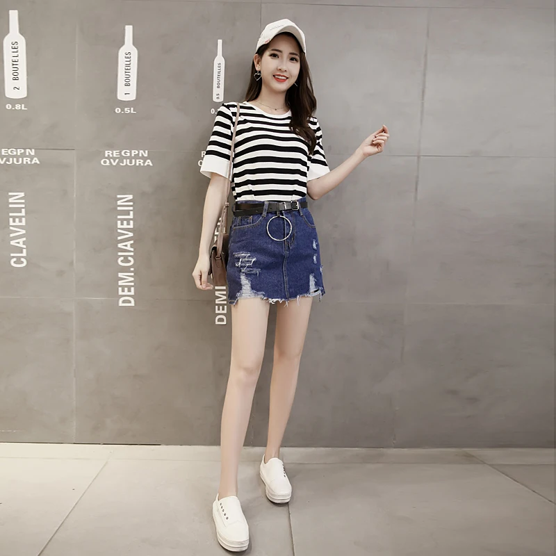 

Limiguyue Summer Women Solid Casual High Street jean skirt female hole tassel denim skirt with belt Sexy Mini Short Skirts K145