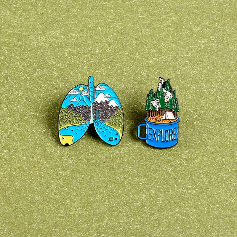 Adventure Pin Mountain Forest Lakes Earth Lung Cup Explore Nature Enamel Button Badge Travel Brooch Women Men Outdoorsy Gift | Украшения и