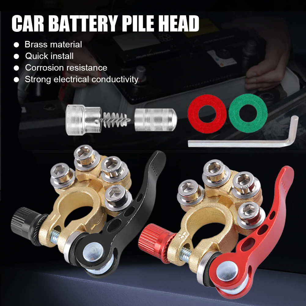 

2PCS Car Battery Terminal Connector Quick Release Clamp Connector Brass Cable Post Terminal with Wire Lug Cleaning Brush Hex Key