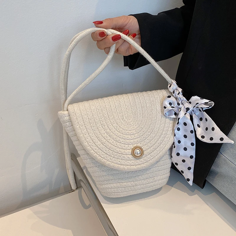 

Летняя Милая Хлопковая Сумка через плечо для женщин 2021 Женская модная плетеная пляжная сумка через плечо с дизайнерским бантом