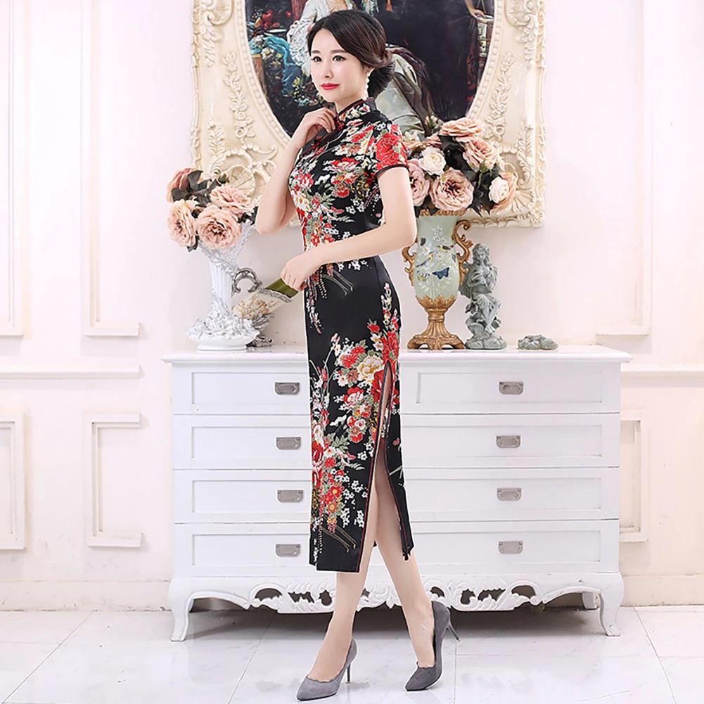 Китайское платье Ципао парча чонсам цветочный принт воротник стойка короткий