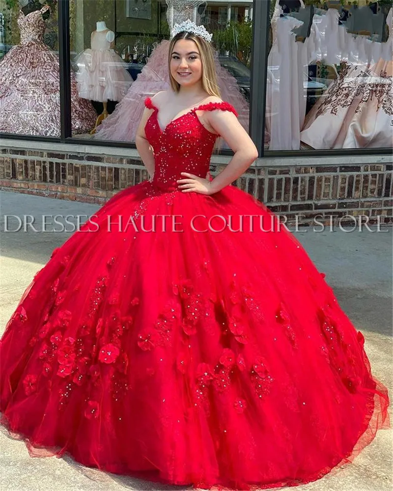 

Vestidos De 15 Años Red Lace Quinceanera Dresses Lace Applique Sweet 16 Dress Off the Shoulder Mexican Prom Gowns