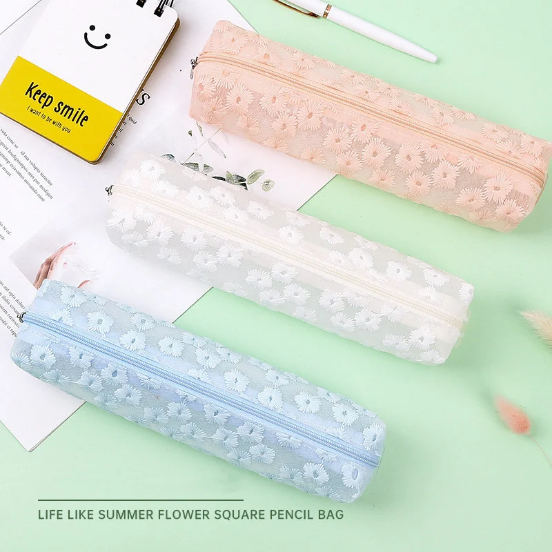 

Embroidery Daisy Pencil Case Transparent Daisy Candy Color Gift School EVA Pencil Box Big Pencil Bag School Supplies Stationery