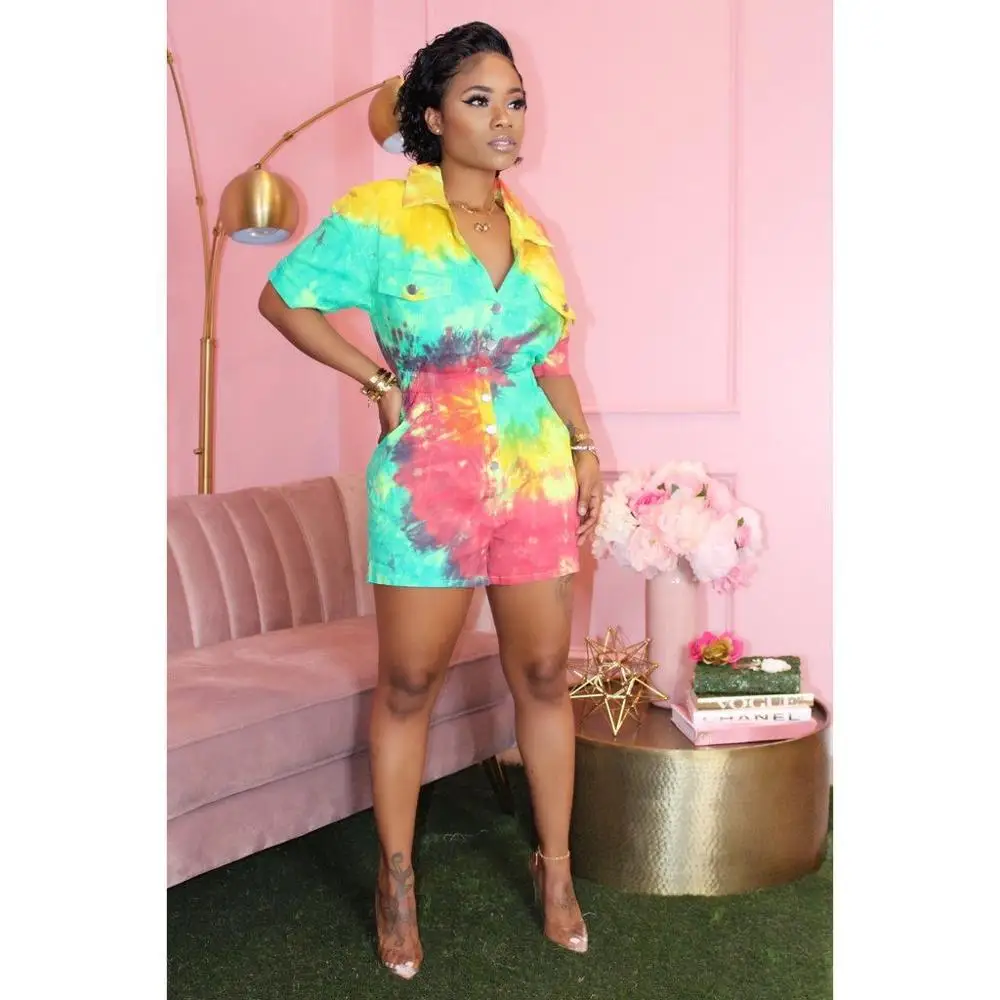 

Colorful Tie Dye Print Button Pocket Short Jumpsuit 2020 Hot Sale Summer Streetwear Women Turn-Down Collar Playsuit Catsuit