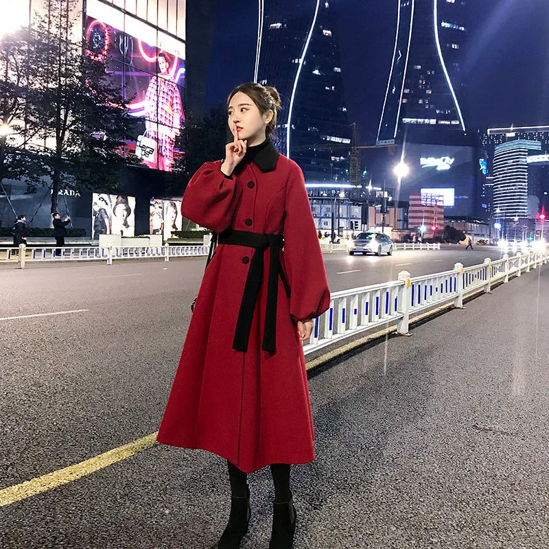 Autumn Winter Red Black Woolen coats Women Lantern Sleeve Wool&ampblends Long Coat Casual Loose Wool Jacket Female Outwear |