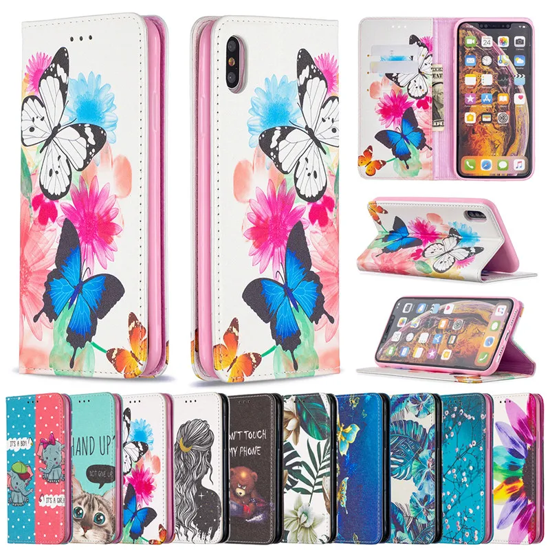 

Flip Leather Case For iPhone XS Max X XR 12 Mini 11 Pro 8 7 Plus SE 2020 3D Cards Holder Wallet Stand Book Cover Painted Coque