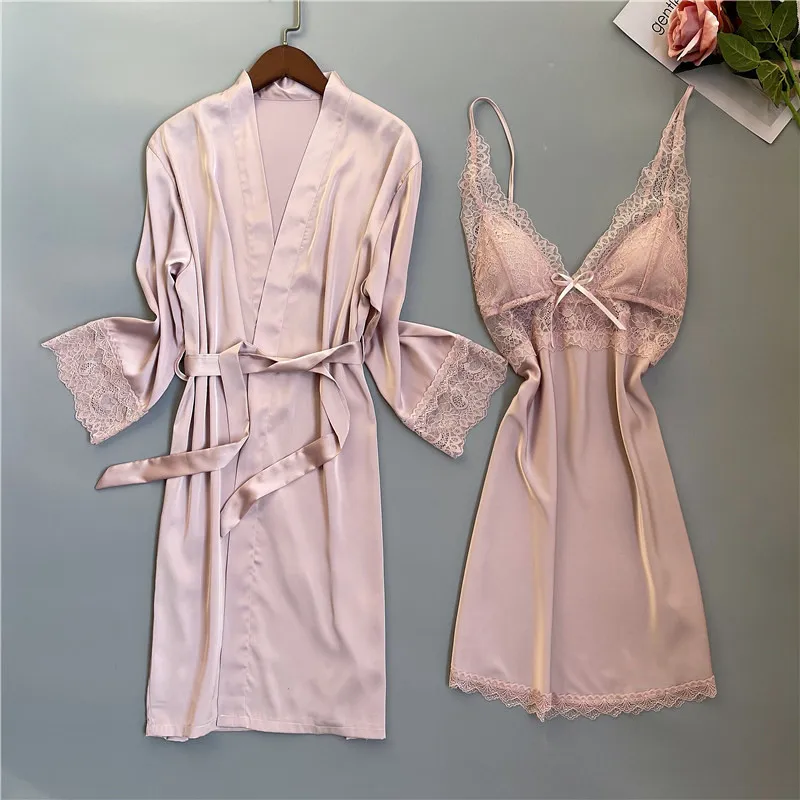 

Sexy Lace Wedding Robe Suit Women Sleepwear Bride Bridesmaid Kimono Gown Nightgown Satin 2PCS Sleep Set Intimate Lingerie