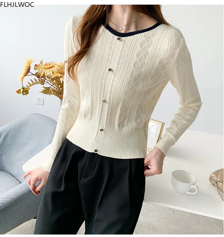 

Slim Fitted Knitted Tops Autumn Basic Wear Long Sleeve Button Design Women Solid Cute Casual Short Knit Sweaters